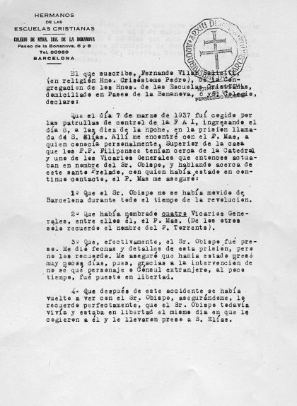 Primera pàgina de la carta del mossèn Fernando Vilar Primera pàgina de la carta del mossèn Fernando Vilar