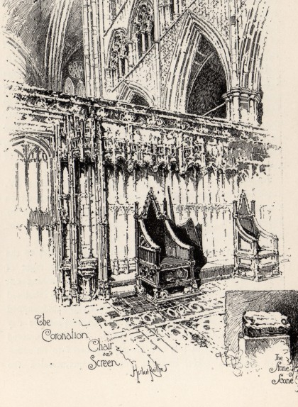 Il·lustració de Herbert Railton de la cadira de coronació amb la pedra a sota, a l'abadia de Westminster