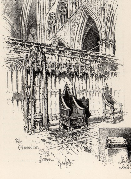 Il·lustració de Herbert Railton de la cadira de coronació amb la pedra a sota, a l'abadia de Westminster Il·lustració de Herbert Railton de la cadira de coronació amb la pedra a sota, a l'abadia de Westminster