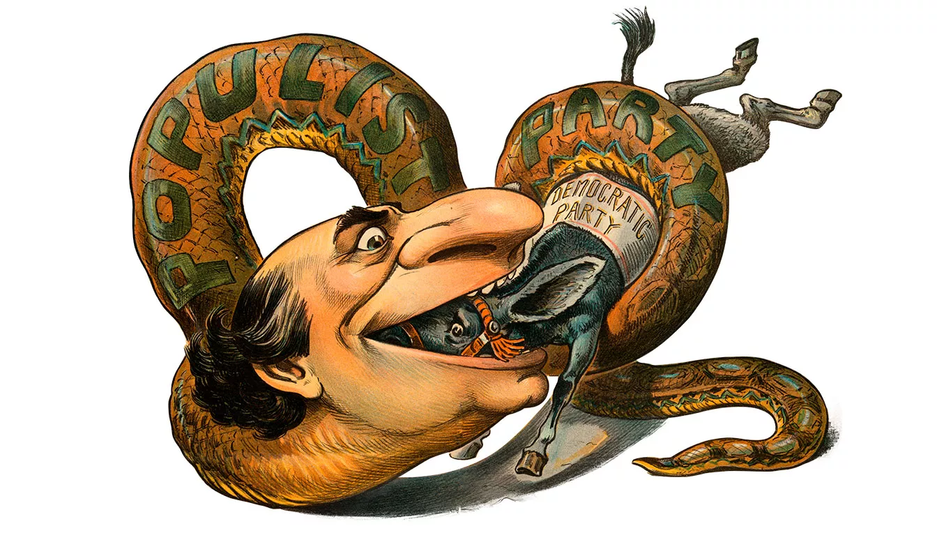 Il·lustració de William Jennings Bryan representant el populisme com una serp que es menja la democràcia (1896)