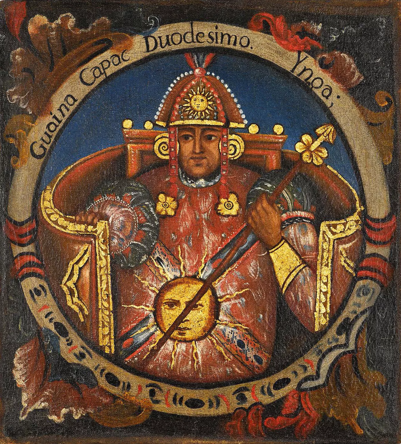 El gran inca era considerat descendent del Déu Sol i tenia l’or com a símbol. En aquesta pintura queda clar que Huayna Cápac duia el sol a sobre... vet aquí el poder simbòlic del medalló