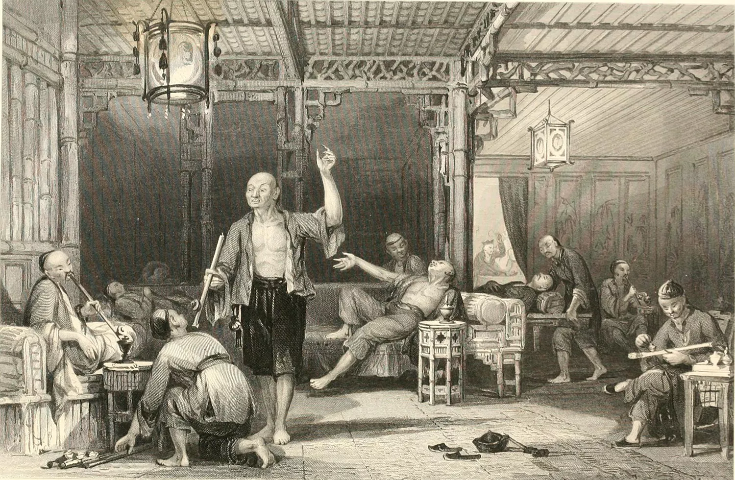 Fumadors d'opi en un gravat de Thomas Allom publicat a 'The Chinese Empire Illustrated' el 1858