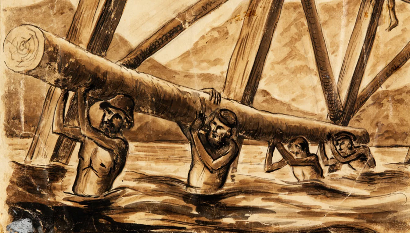 Dibuix de Leo Rawlings, que va participar en les obres del pont sobre el riu Kwai