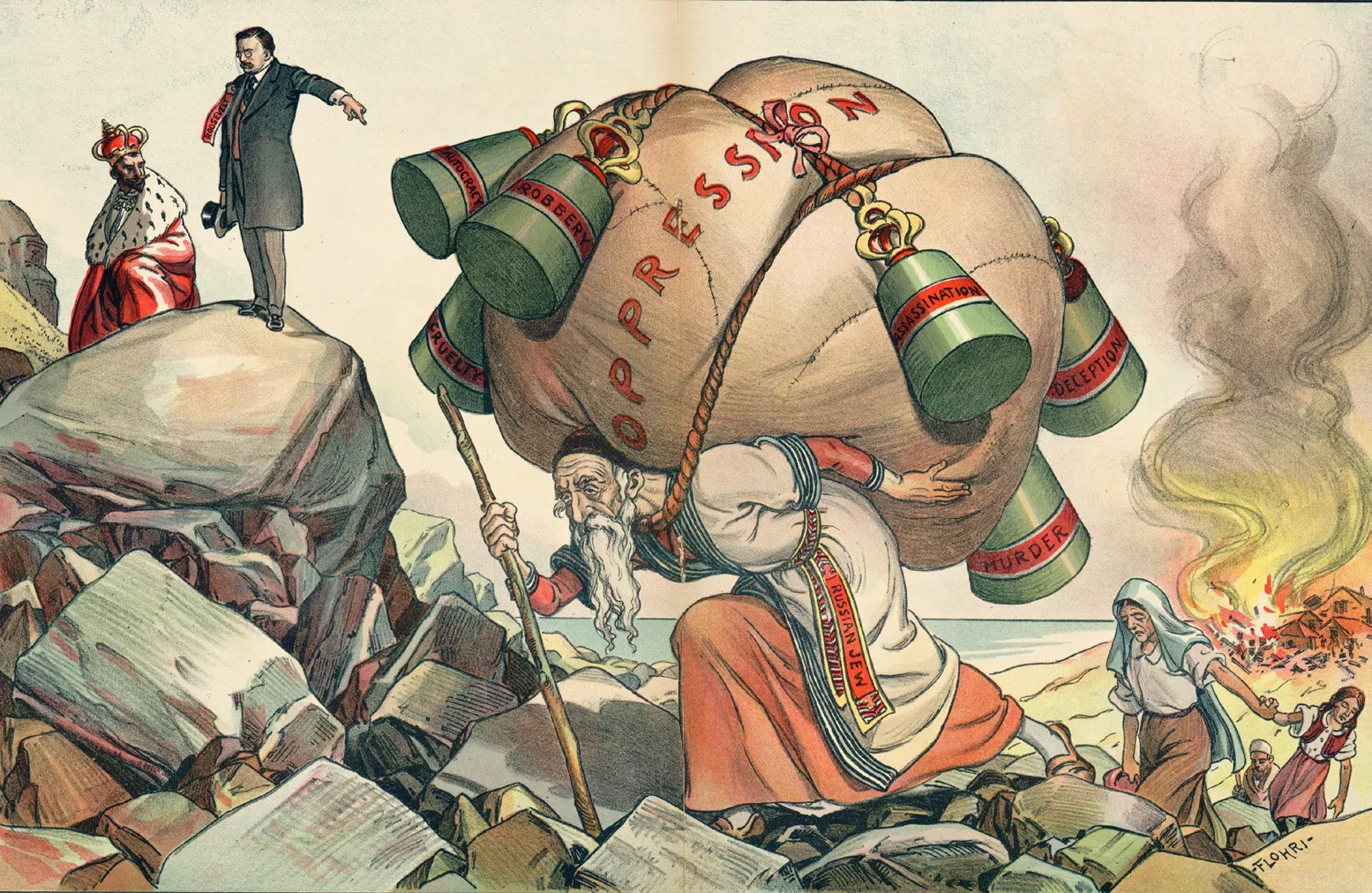 En aquesta il·lustració, un jueu rus, carregat amb el pes de l’opressió, fuig d’un poble cremat. A l’esquerra, el president dels EUA, Theodore Roosevelt, retreu a l’emperador de Rússia, Nicolau II, la seva actitud