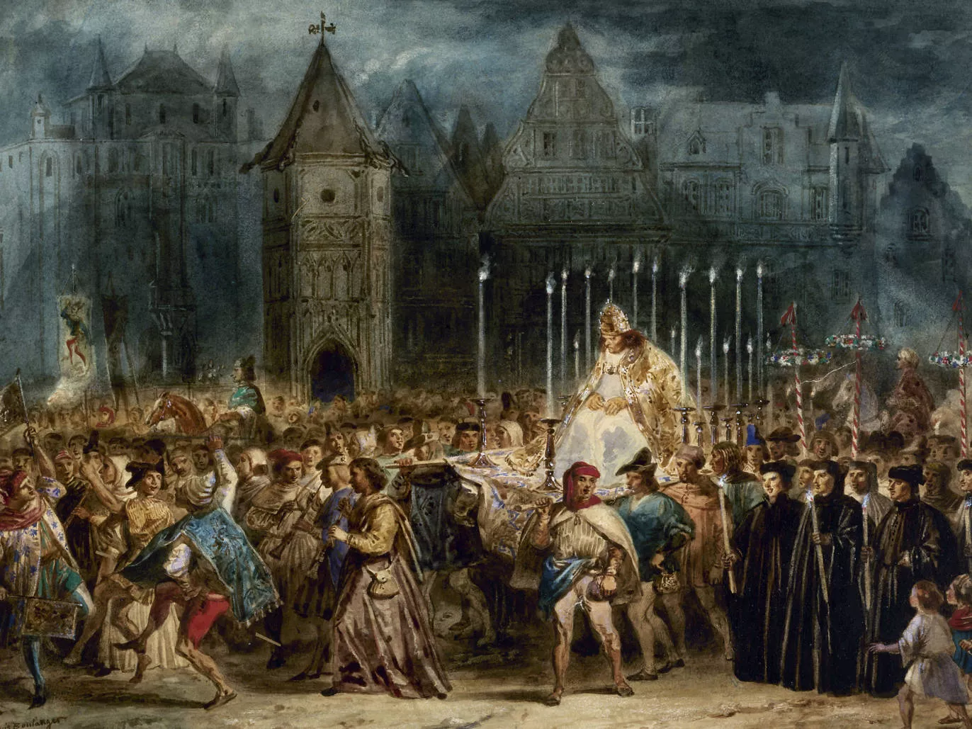 En diverses festes d'herència romana s'entronitzava un minusvàlid i se'l treia en processó perquè la gent l'escarnís, com passa en aquesta escena de Notre-Dame de París de Victor Hugo