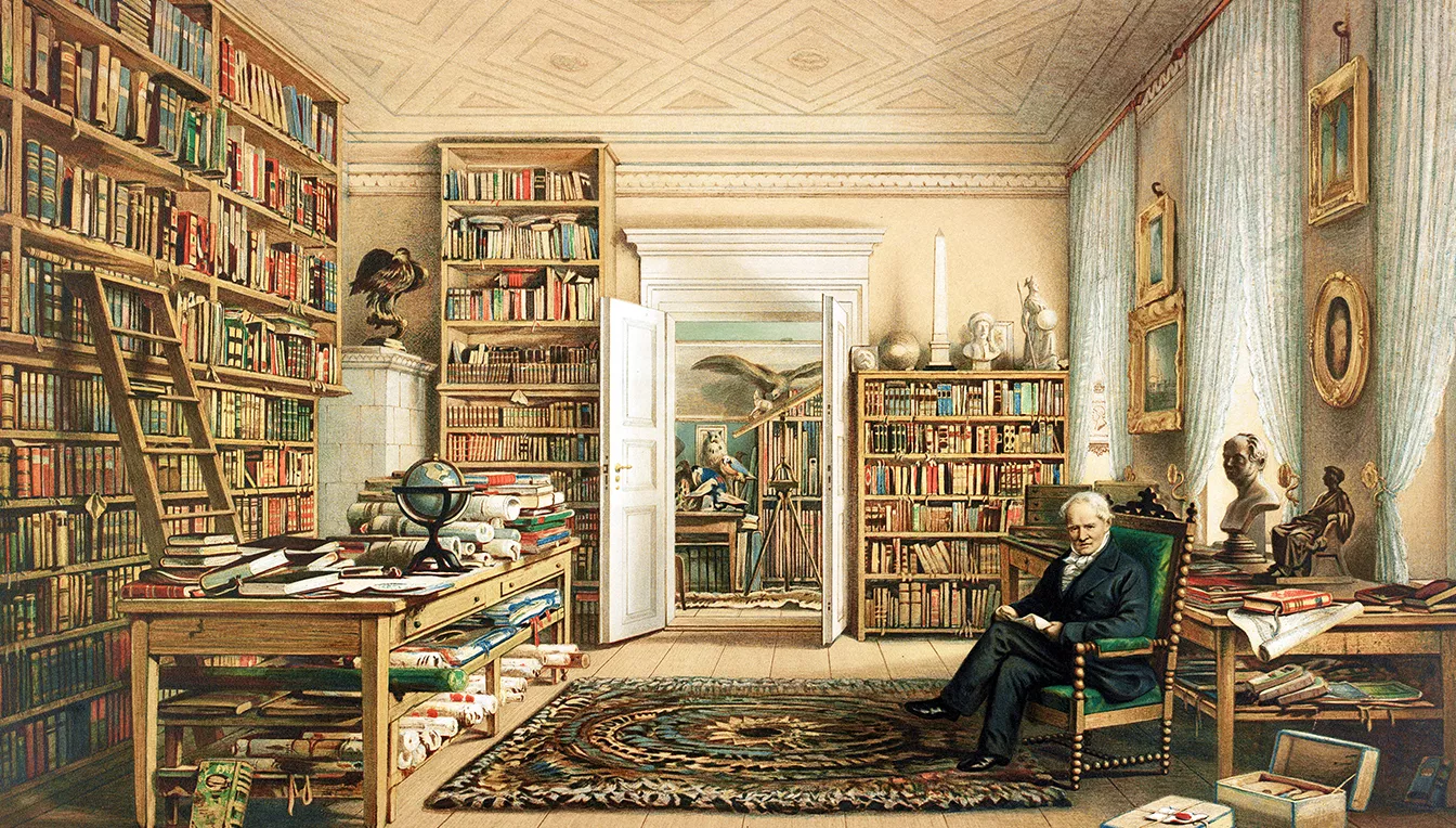 Eduard Hildebrandt va pintar aquest quadre del científic a la seva biblioteca de Berlín, des d’on va escriure els llibres que el farien cèlebre