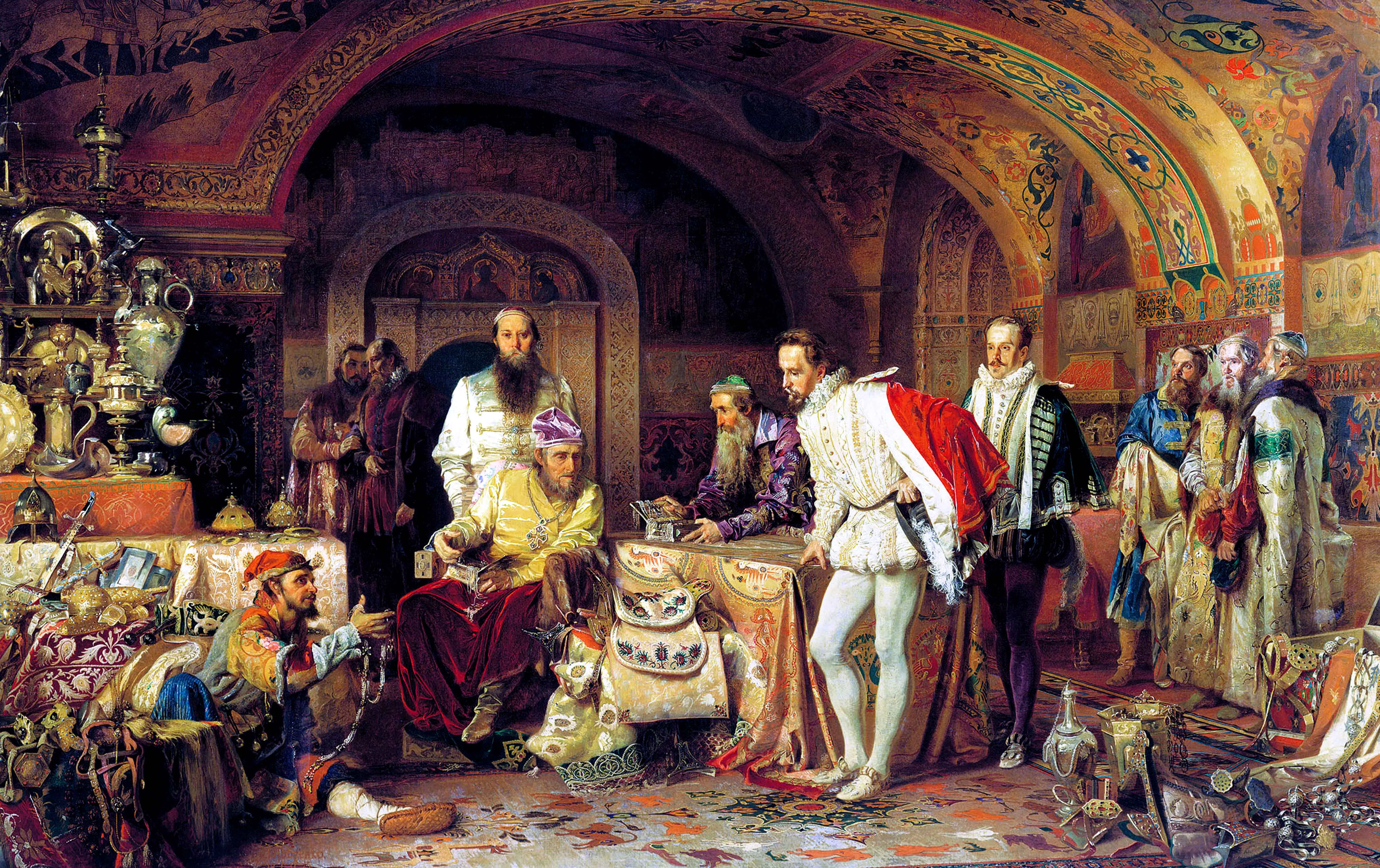 La cort del tsar es vestia de gala per rebre ambaixadors estrangers i impressionar-los, com en aquesta visita del delegat d’Isabel I d’Anglaterra