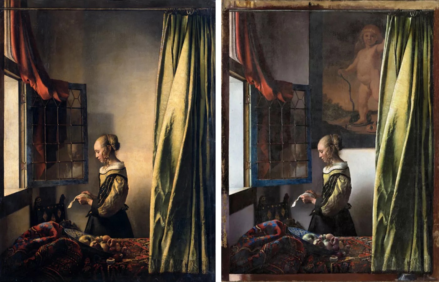 'Noia llegint una carta davant una finestra', de Vermeer, abans i després de la restauració