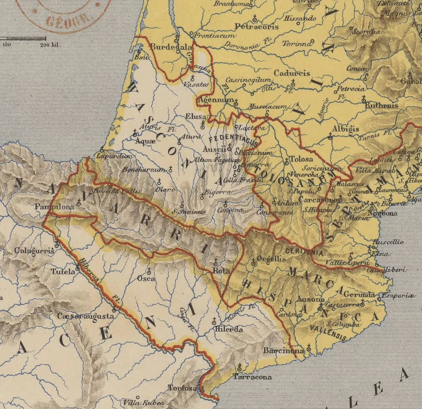 Mapa de la "Marca Hispànica", "Navarra" i "Wasconia" el 806 segons Auguste Longnon (1876)