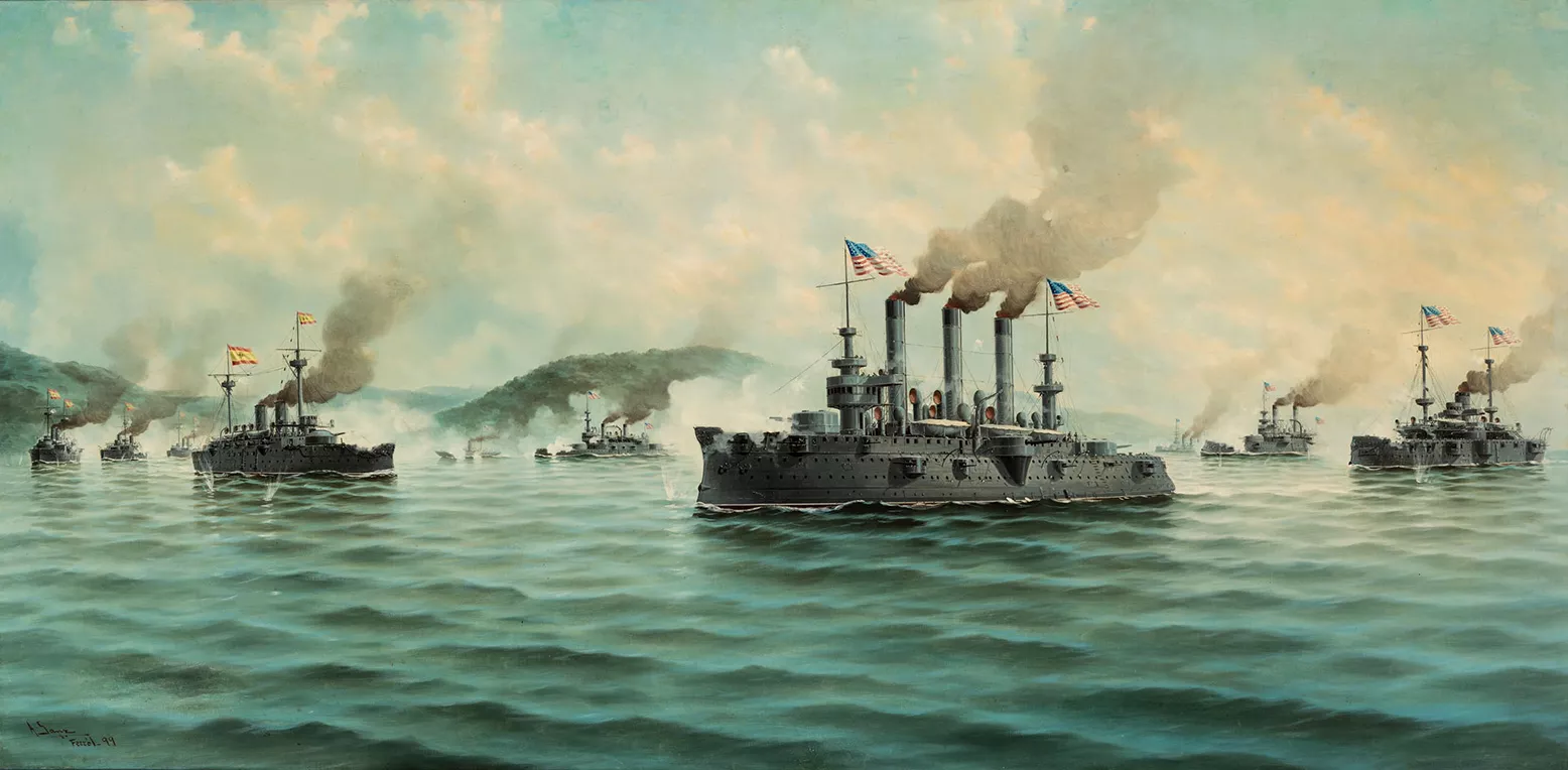 Batalla naval de Santiago de Cuba en un quadre d'Alfonso Sanz (1899)
