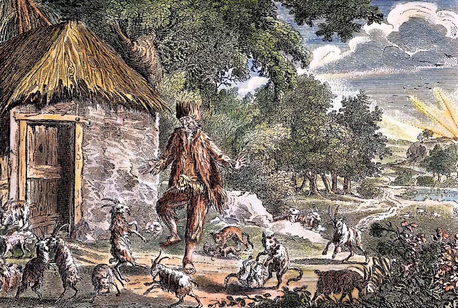 Selkirk balla amb les seves cabres en un gravat de l’obra anglesa Nova col·lecció universal de viatges autèntics i entretinguts, d’Edward Cavendish Drake