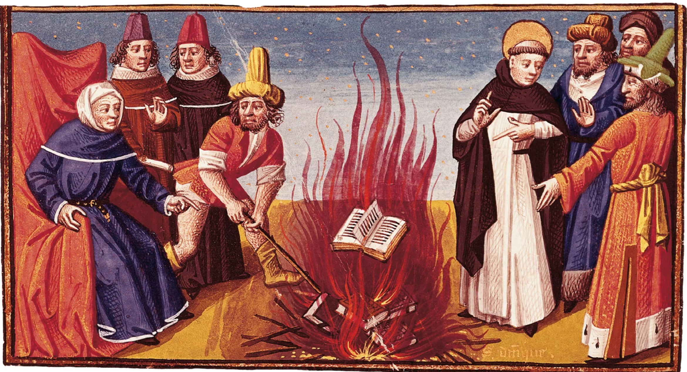 Miniatura del segle XV en la qual sant Domènec crema llibres càtars. Els càtars criticaven la hipocresia i cobdícia de l’Església, que els va perseguir fins a exterminar-los