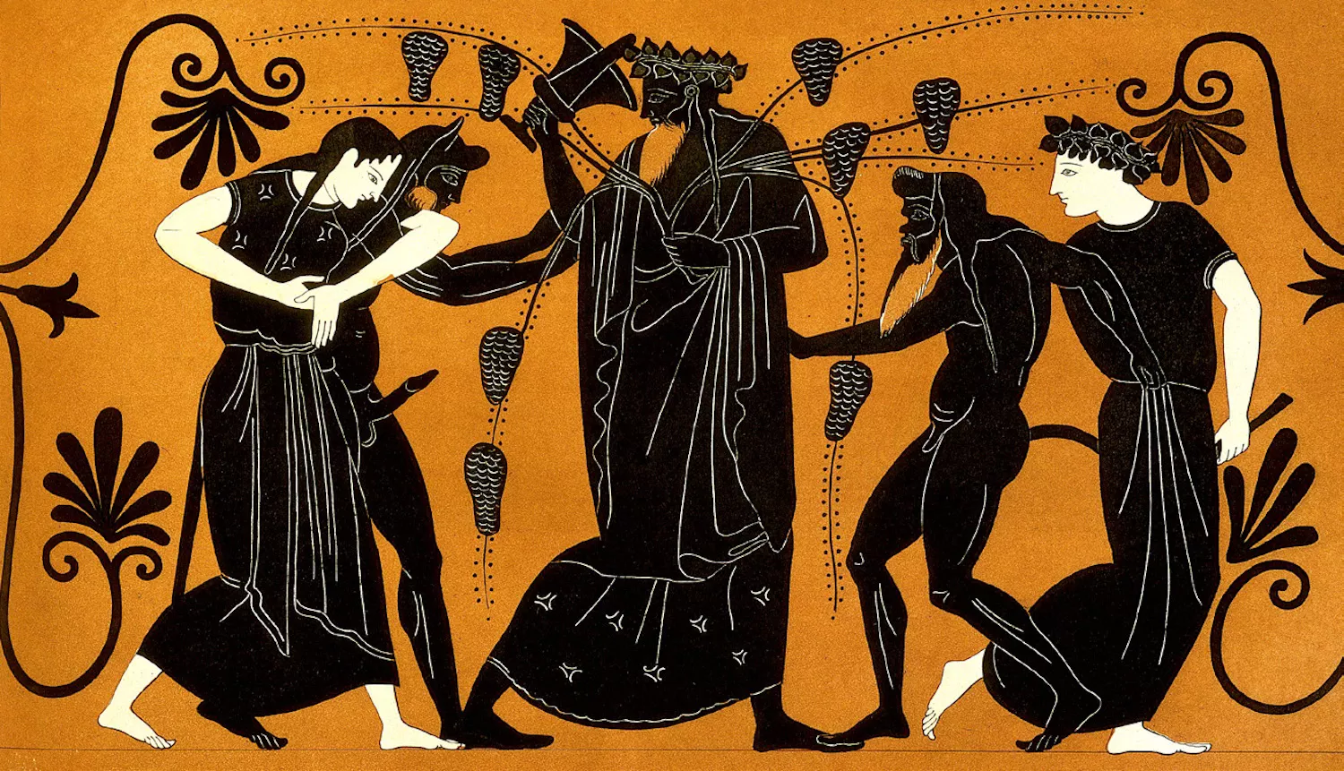 En aquesta pintura, Dionís, déu del vi, és envoltat de vinyes, sàtirs (ésser mitològics) i mènades (nimfes)