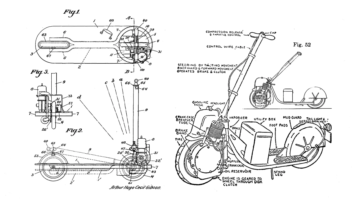 El giny de Gibson es movia amb rodes de 30 centímetres i un motor de 155 cc