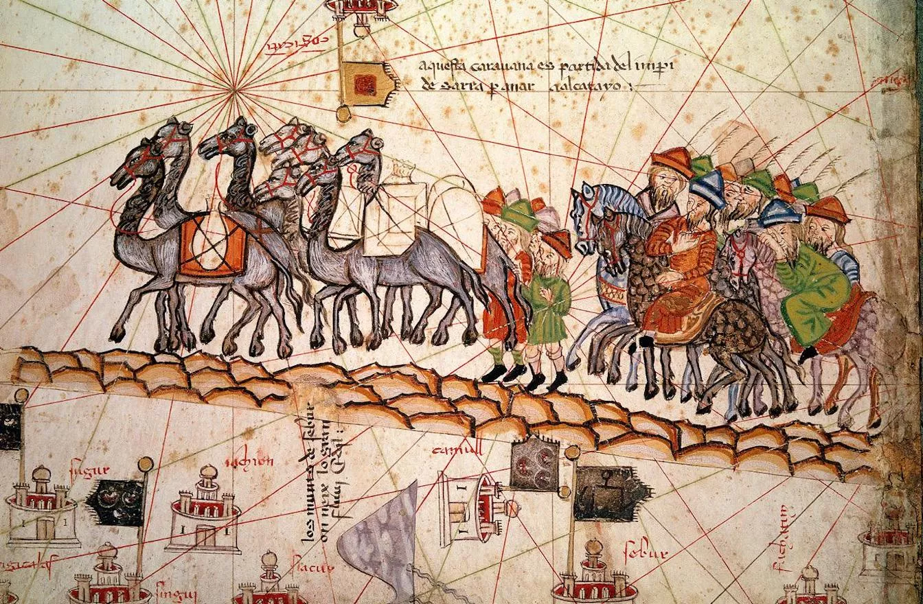 Detall de 'l'Atles català d'Abraham' Cresques que representa una caravana del segle XIII camí a l'Orient