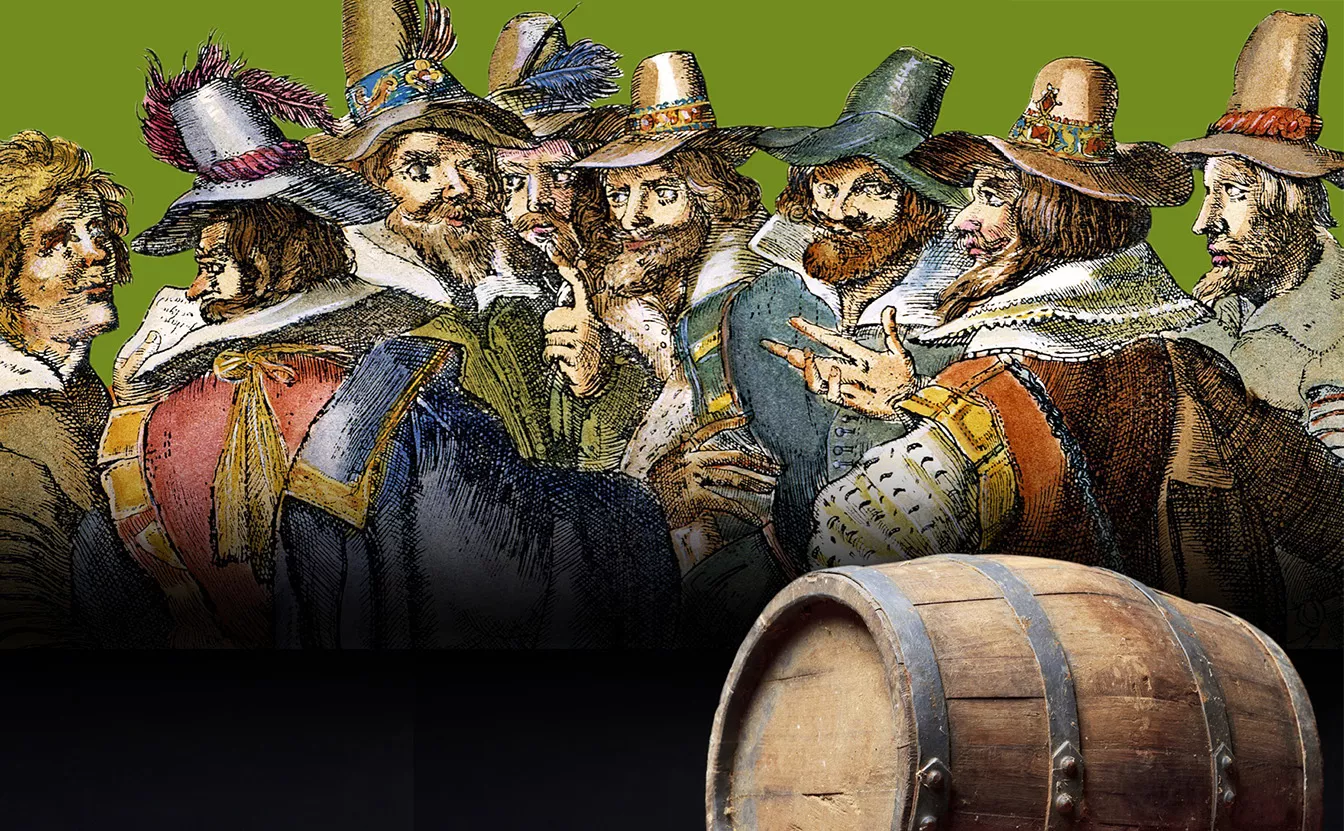 Els principals conspiradors en un gravat holandès coetani: d’esquerra a dreta, Thomas Bates, Robert Wintour, Christopher i John Wright, Thomas Percy, Guy Fawkes, Robert Catesby i Thomas Wintour