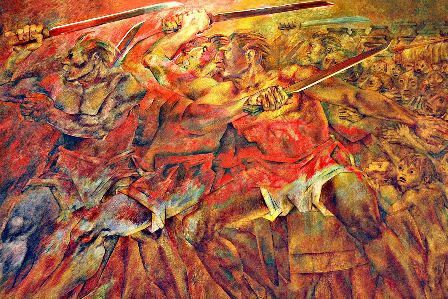 Els indígenes s’alcen contra els seus opressors durant la Guerra de Castes, mural de l’artista Fernando Castro Pacheco al Palau del Govern de Mérida, a Yucatán