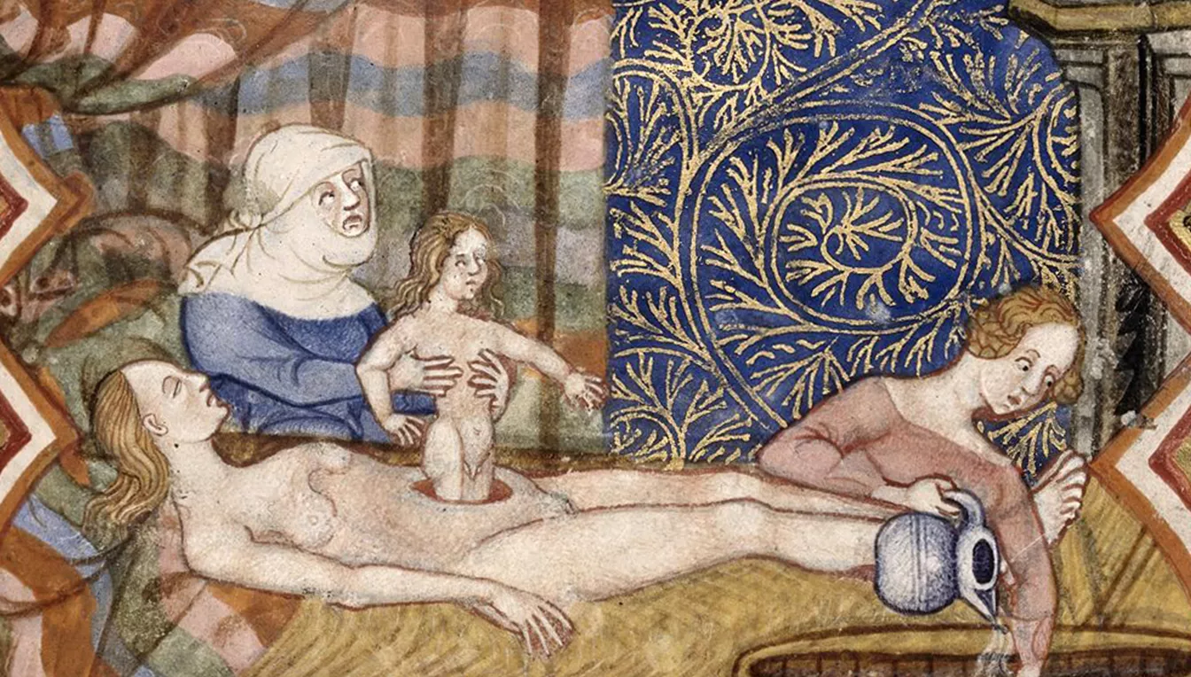 Retrat medieval d'una metgessa assistint un part