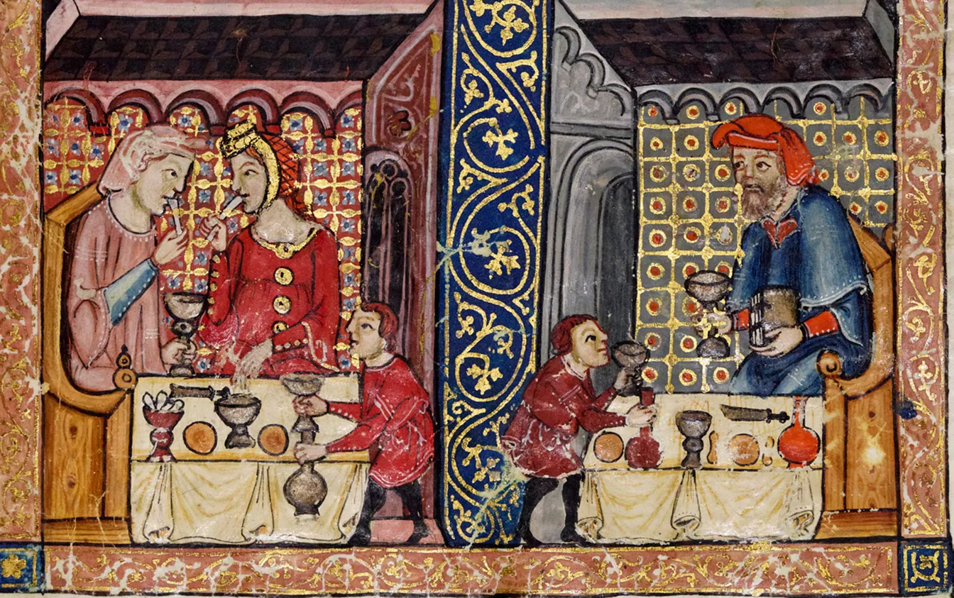 Escena que recrea l’àpat pasqual a l’Hagadà Rylands, que es considera una obra mestra medieval i que va ser produïda a Catalunya en el segle XIV. El consum de la matzà, el pa àzim (sense llevat), commemora la fugida d’Egipte en temps bíblics