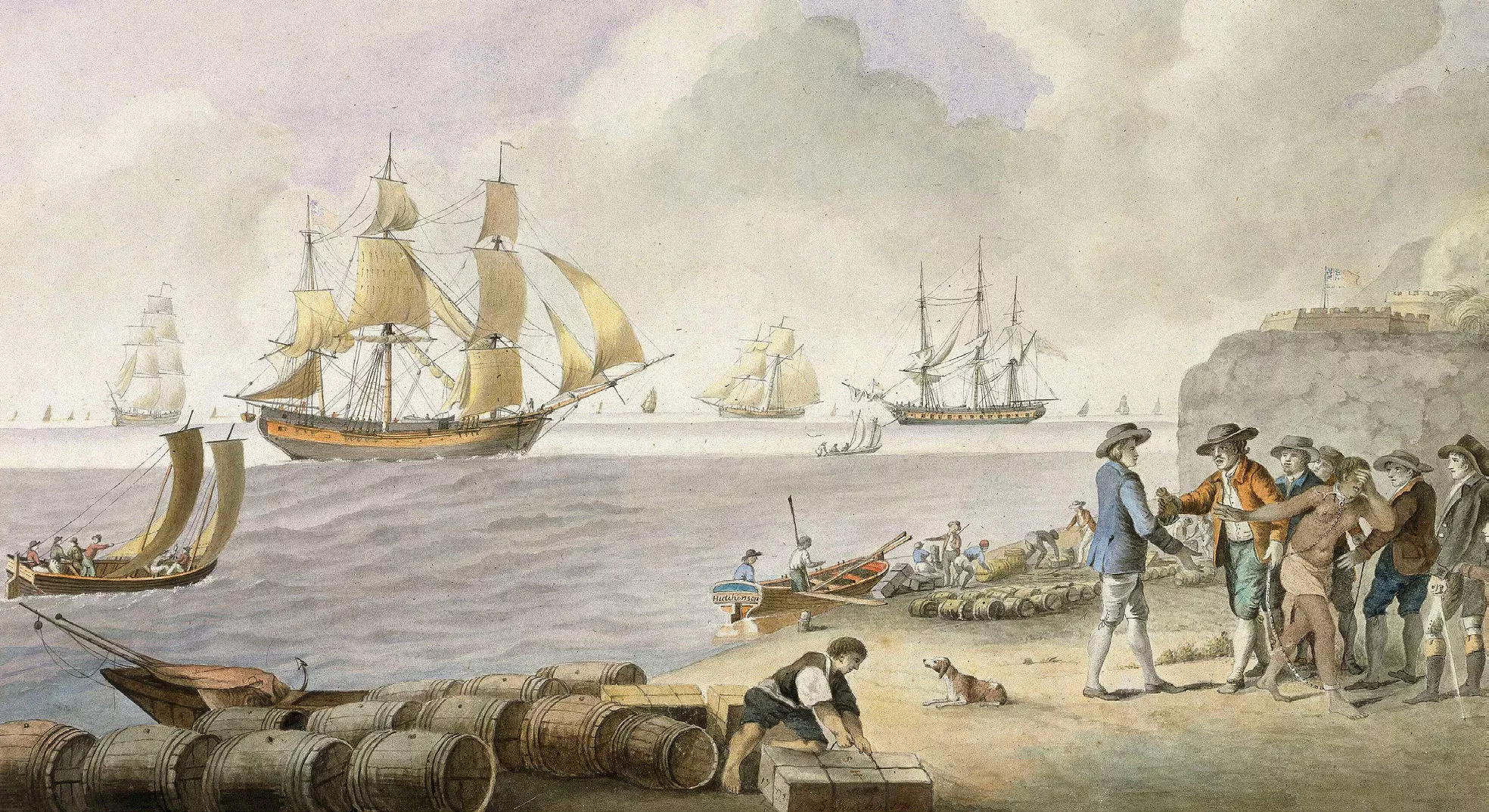 Pintura de l’artista britànic Samuel Hutchinson (1793) que escenifica la venda d’esclaus en una platja, abans que s’il·legalitzés
