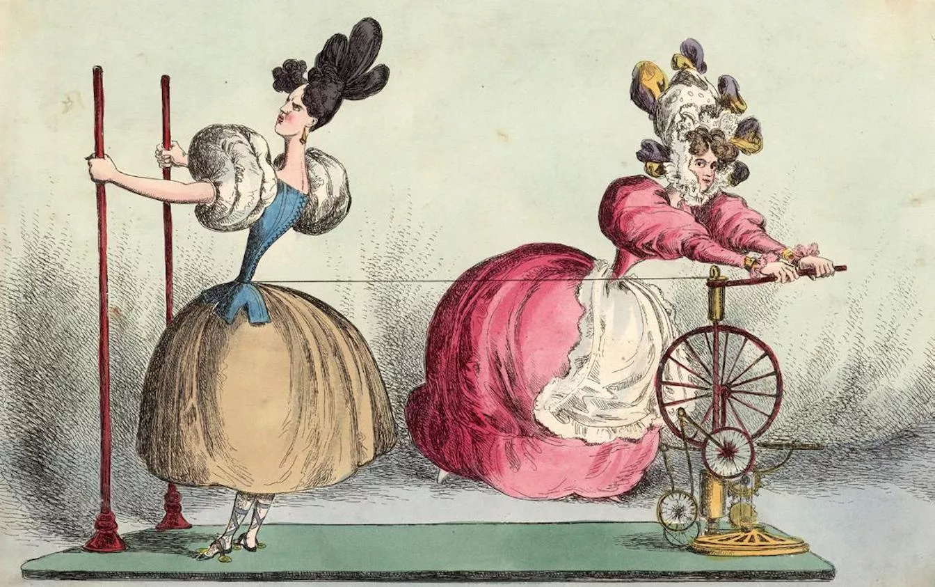 Aquesta caricatura anglesa del 1830 imagina un giny per assistir en la tasca d’estrènyer bé la cotilla. Aleshores, l’ideal de bellesa era la figura del rellotge de sorra