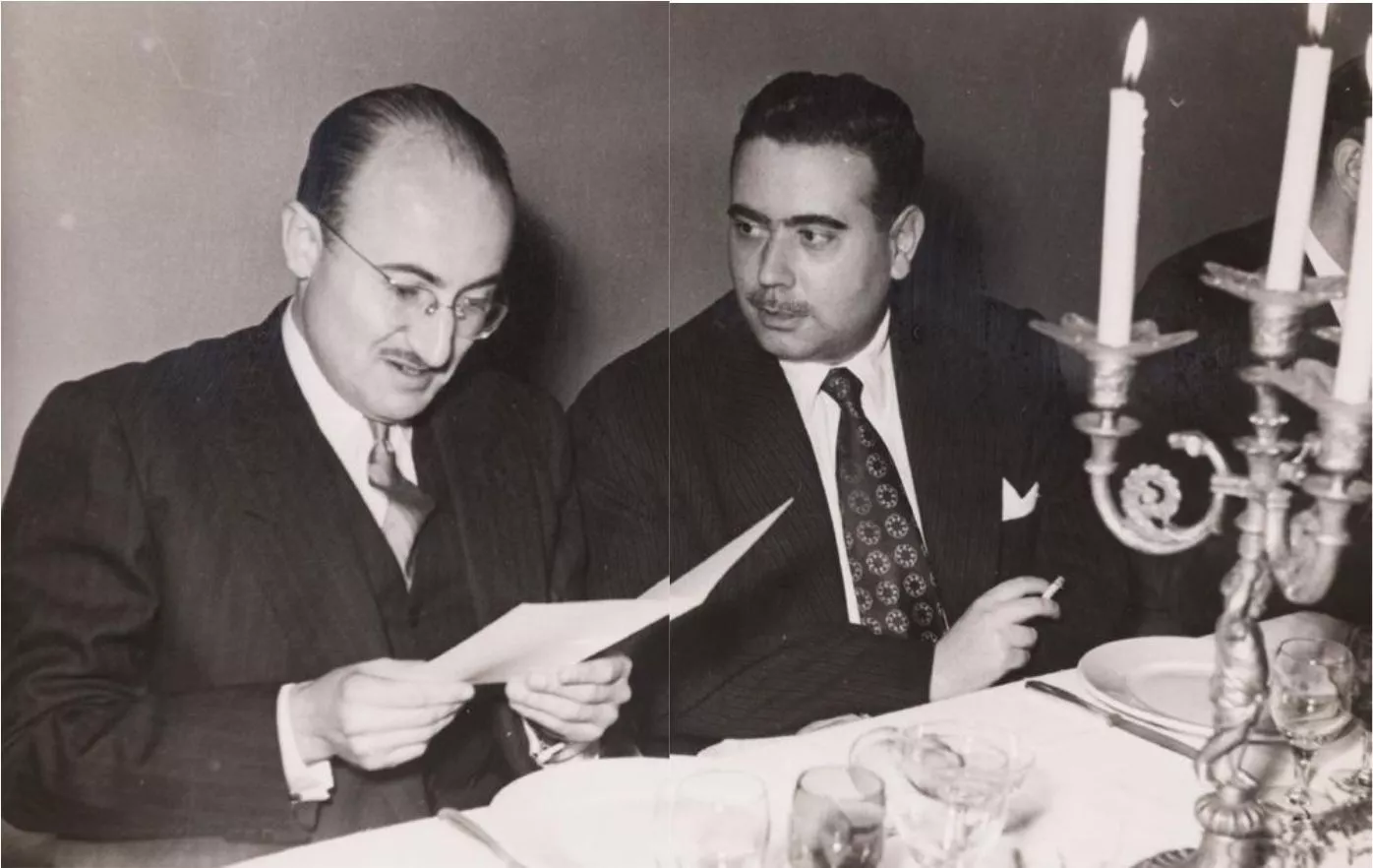 Francesc Gomà i Joan Perucho en el sopar dels premis Ciudad de Barcelona del 1954. Perucho, guanyador de l’edició anterior, va ser-ne vocal