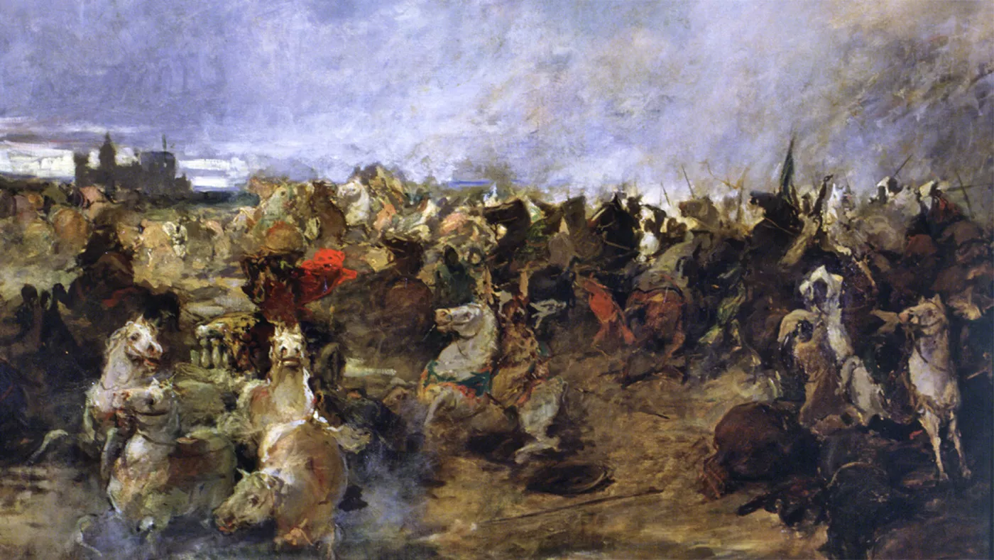 A la batalla de Guadalete (quadre de S. Martínez) el rei visigot Roderic va perdre contra les tropes musulmanes, aliades del seu enemic Àkhila II