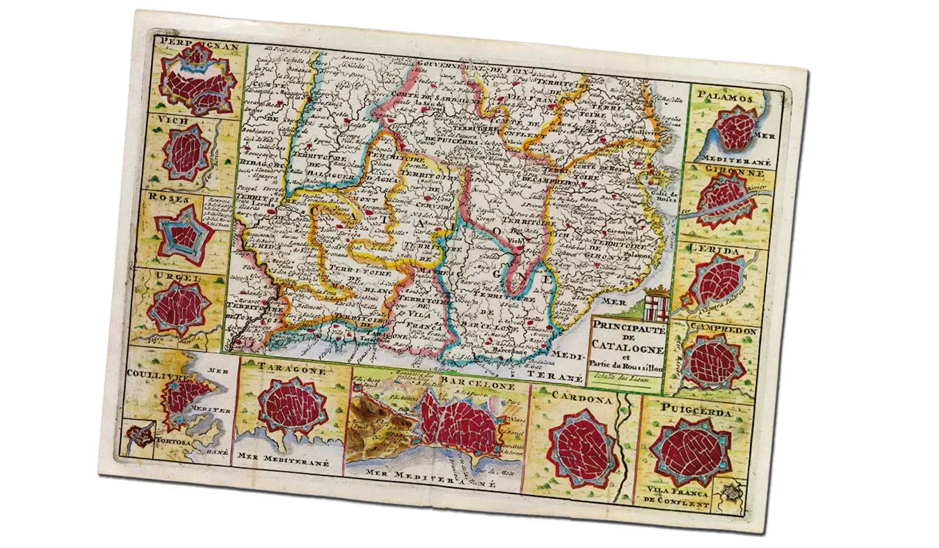 Editat a Holanda l’any 1706, aquest mapa formava part d’un atles militar de butxaca. Al voltant de Catalunya es representen quinze places fortes