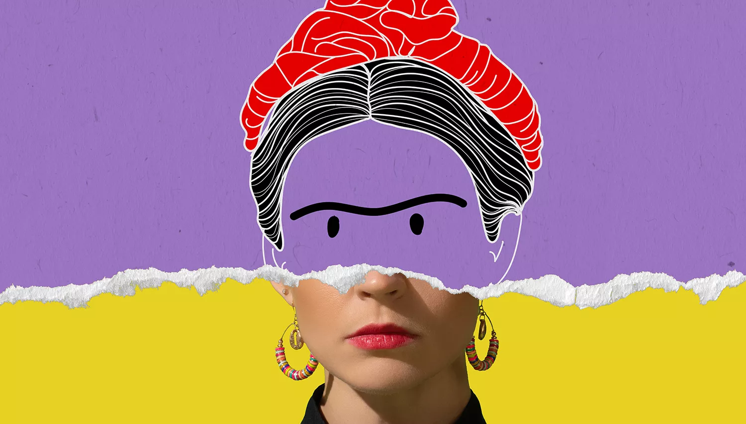 Collage del rostre d'una dona amb la imatge de Frida Kahlo