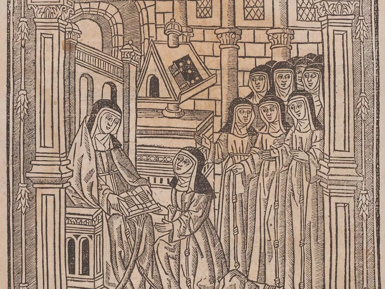 L’abadessa Isabel de Villena amb la seva obra més cèlebre en un gravat medieval
