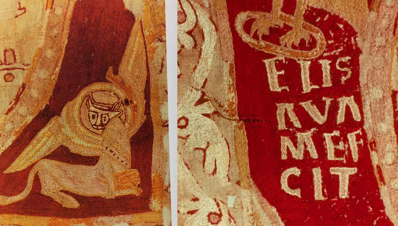 Muntatge amb un dels quatre tetramorfs (esquerra) del tapís del penó de Sant Ot i amb un detall de la signaturta d'Elisava (dreta)