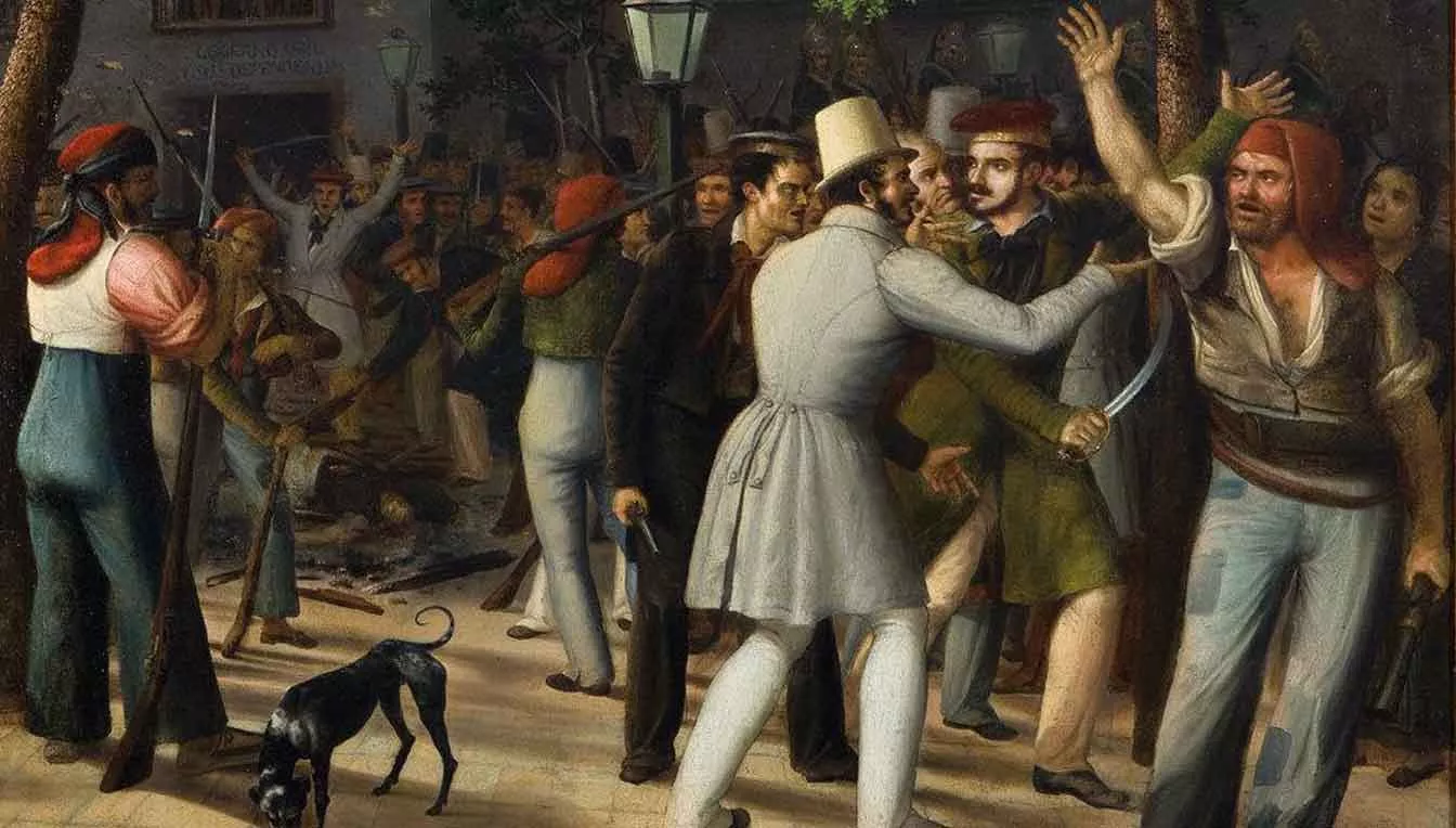 El pintor Josep Arrau va representar els fets esdevinguts a la Rambla durant la bullanga del 5 d'agost de 1835