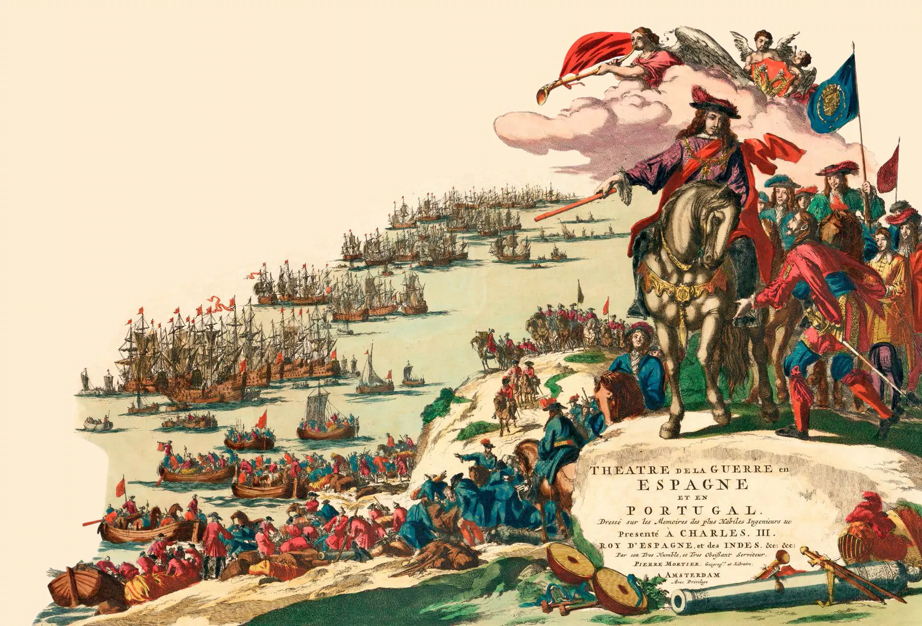 En un inici, Anglaterra i l’actual Holanda van optar per l’arxiduc Carles d’Àustria, com mostra aquesta il·lustració al·legòrica que ornamenta un mapa publicat a Amsterdam