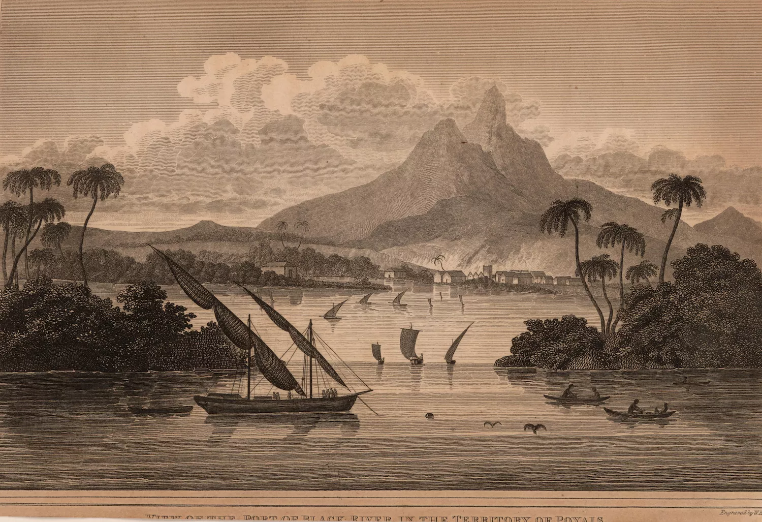 Gravat del llibre fet per MacGregor el 1822 on mostra una vista tan idíl·lica com inventada del port del Riu Negre de Poyais