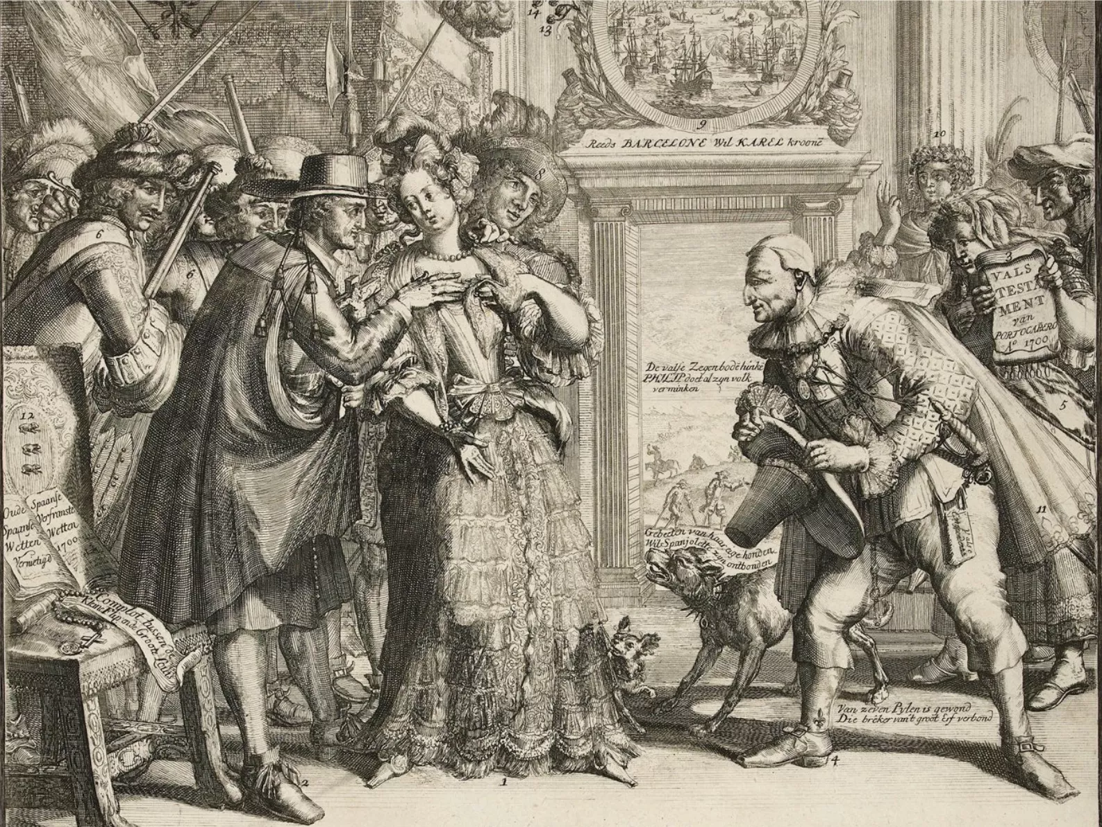 L’evolució del conflicte va esdevenir també material per als gravats satírics, com aquest holandès que il·lustra 'les difícils noces entre el Quixot francès i la verge espanyola'
