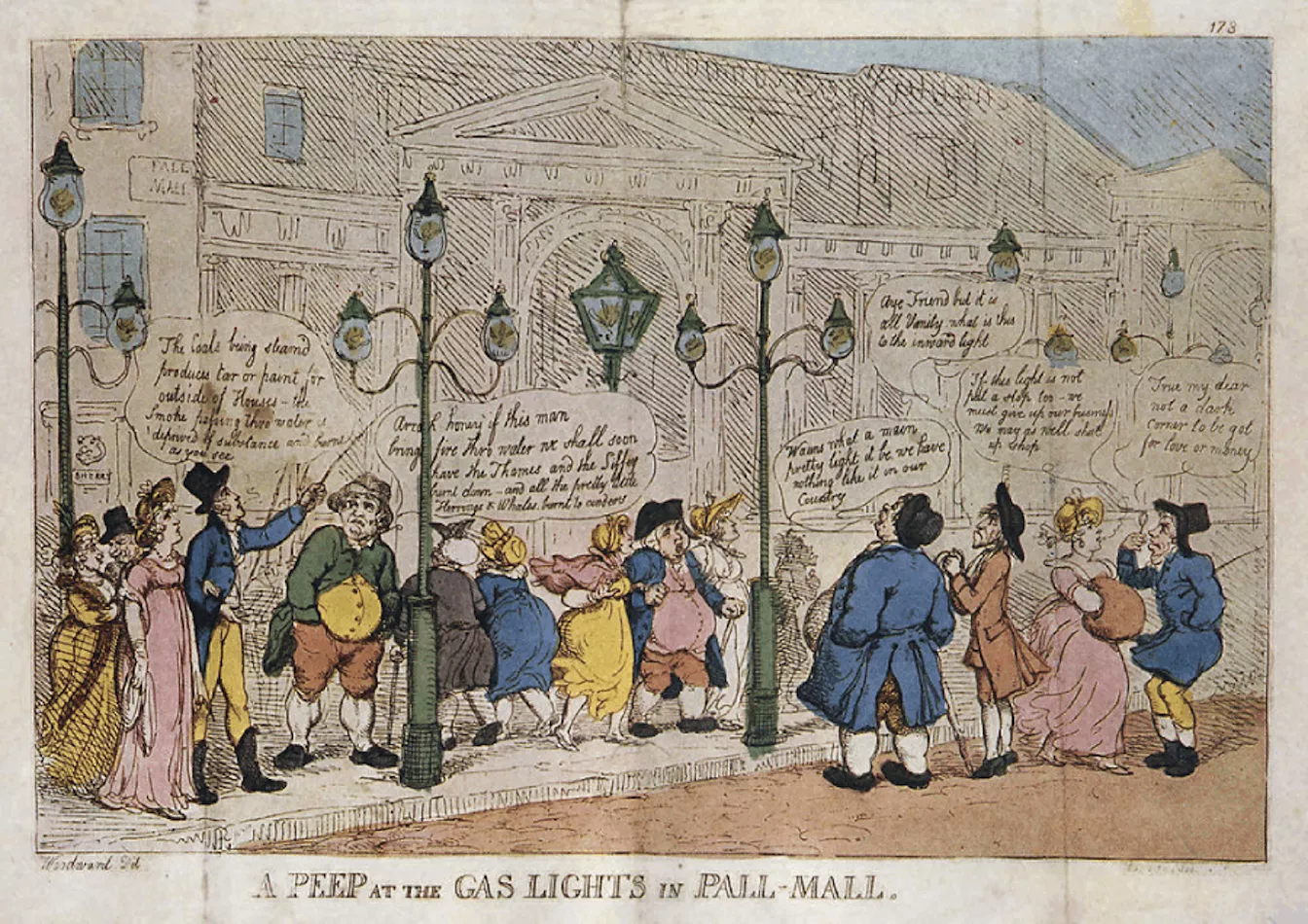 "Una ullada als llums de gas de Pall Mall", una caricatura de Thomas Rowlandson del 1809