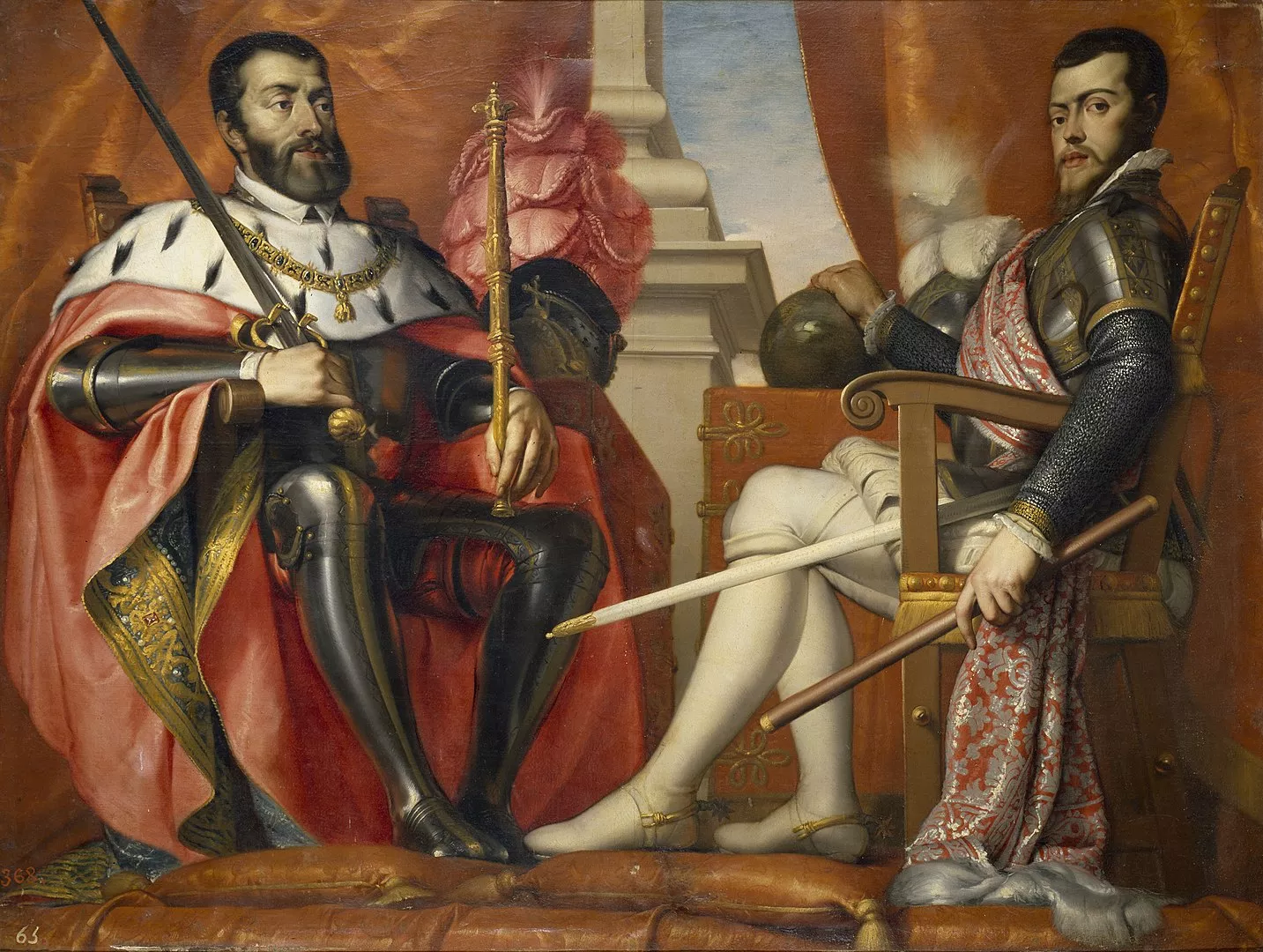 Carles I i el seu fill Felip II en un quadre d’Antonio Arias (1639) que es conserva al Museu del Prado. Mentre que el primer va respectar el caràcter multilingüe del seu imperi, el segon va endegar un profund procés de castellanització arreu dels territoris de parla catalana