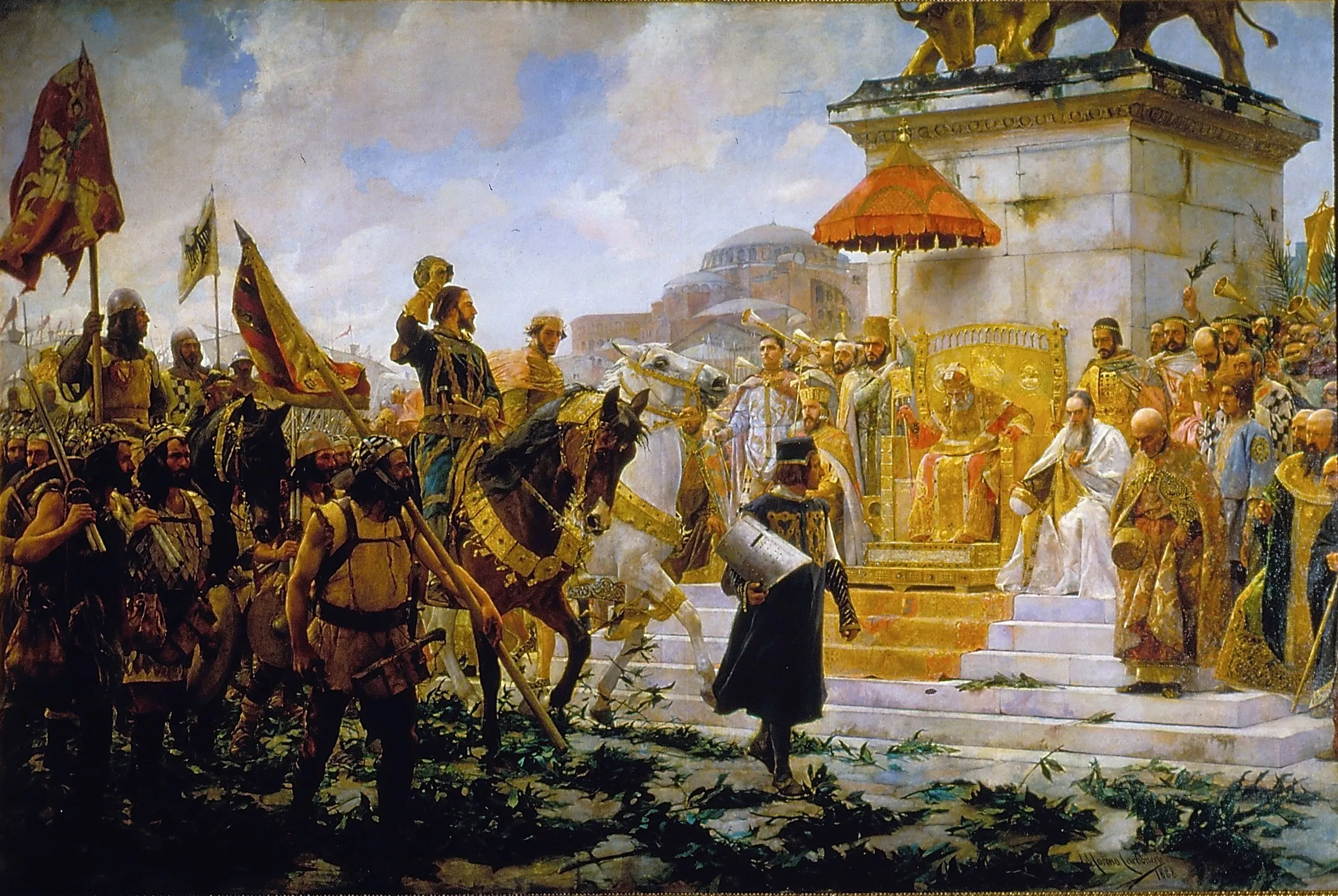 Roger, amb els atributs de megaduc (capell, senyera i vara d’or), és rebut per l’emperador de Bizanci, que el saluda des del tron amb Santa Sofia al fons