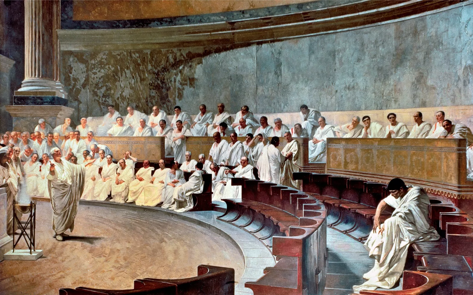 Ciceró acusa Catilina sota l’atenta mirada dels senadors de Roma en un fresc de Maccari que es troba al Palazzo Madama, seu del Senat italià actual