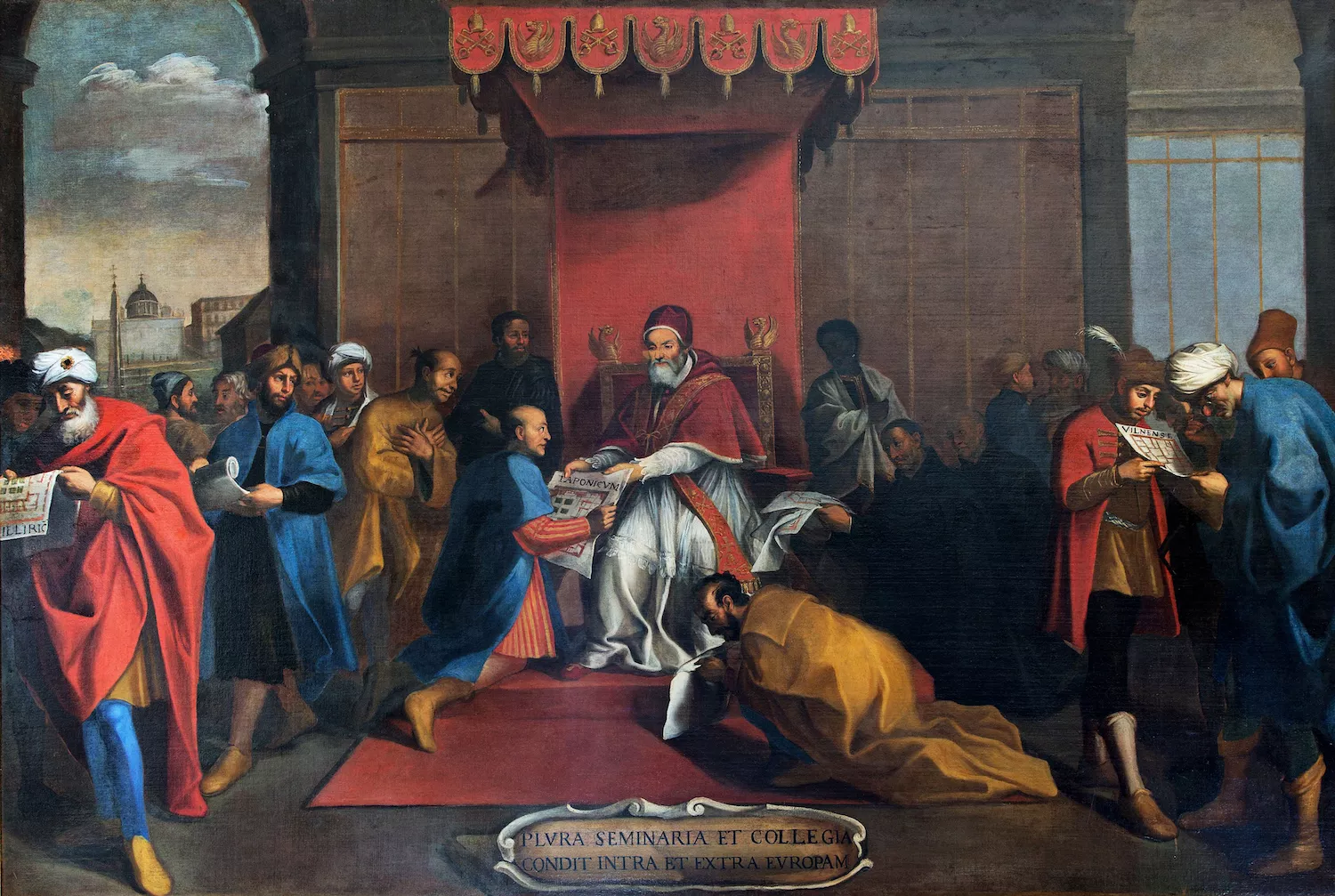 El papa Gregori XIII, al centre del quadre, presidí la comissió de reforma del calendari el 1582 a Roma