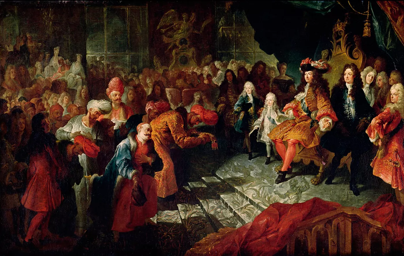 Lluís XIV rep l'ambaixador persa a França, Méhémet Riza Beg, en un quadre de Charles-Antoine Coypel