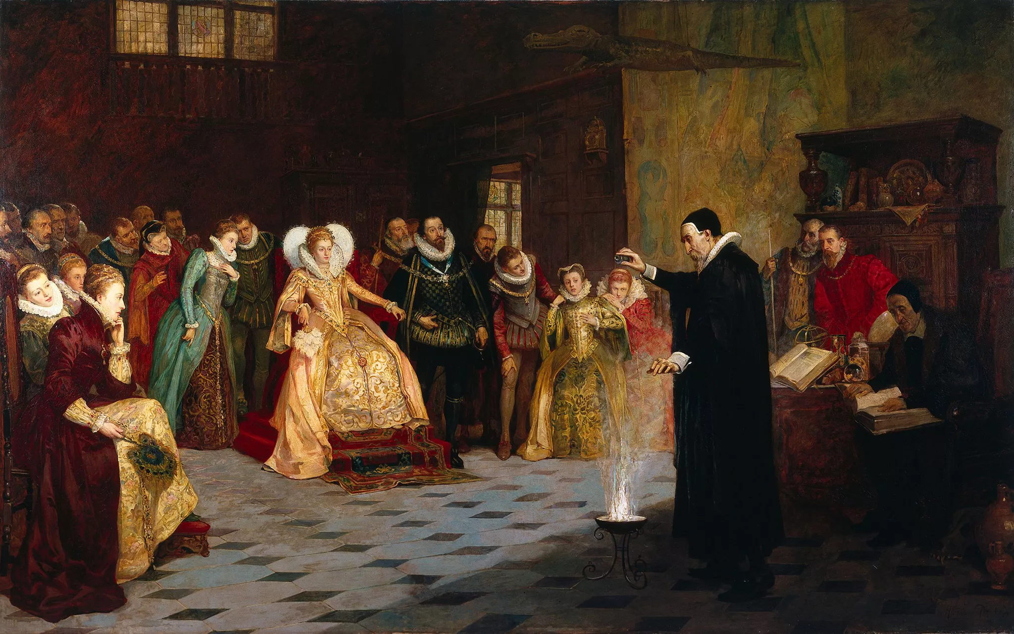 El pintor Henry Gillard Glindoni va immortalitzar John Dee fent una demostració davant de la reina d’Anglaterra