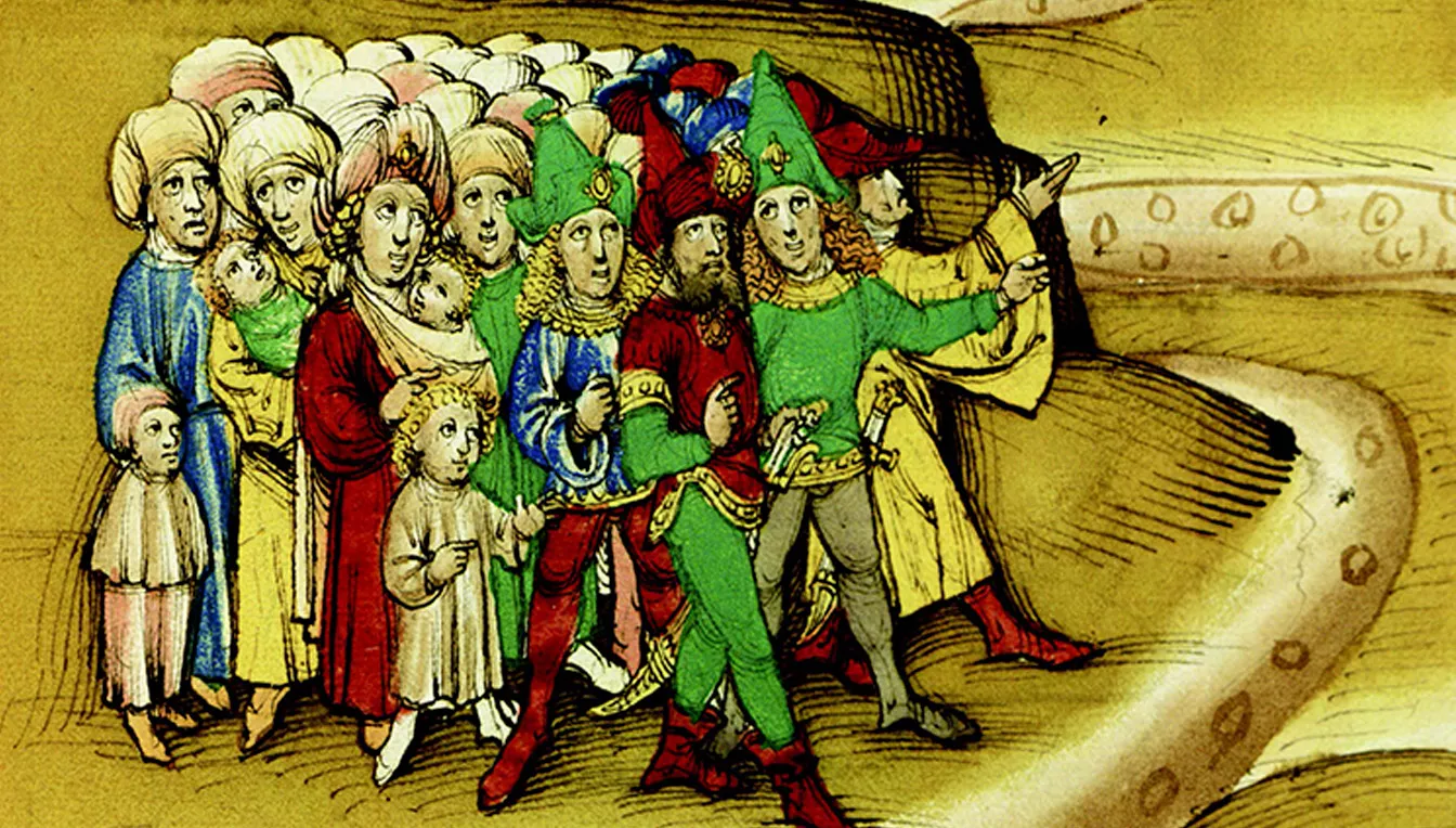 Aquesta il·lustració del manuscrit medieval 'Spiezer Chronik', de Diebold Schilling, conservat a la Burgerbibliothek de la ciutat de Berna, recrea l’arribada de primer grup de gitanos a la ciutat suïssa