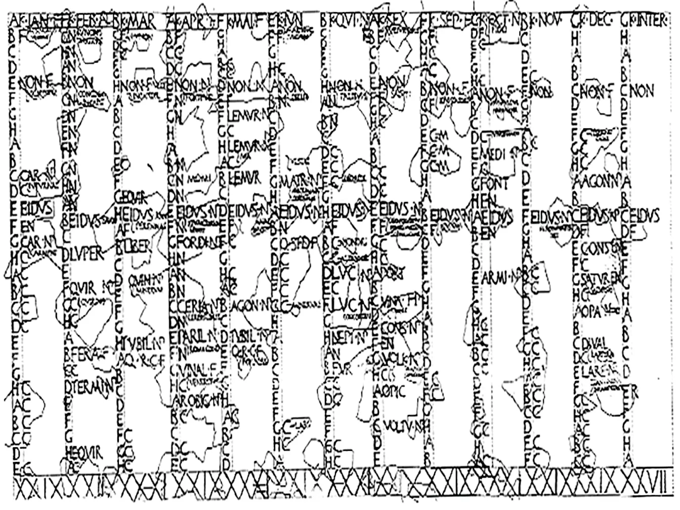 Calendari conegut com el 'Fasti Antiates Maiores', anterior a la reforma del calendari julià, amb els mesos de juliol i agost anomenats 'Quintilis' i 'Sextilis'