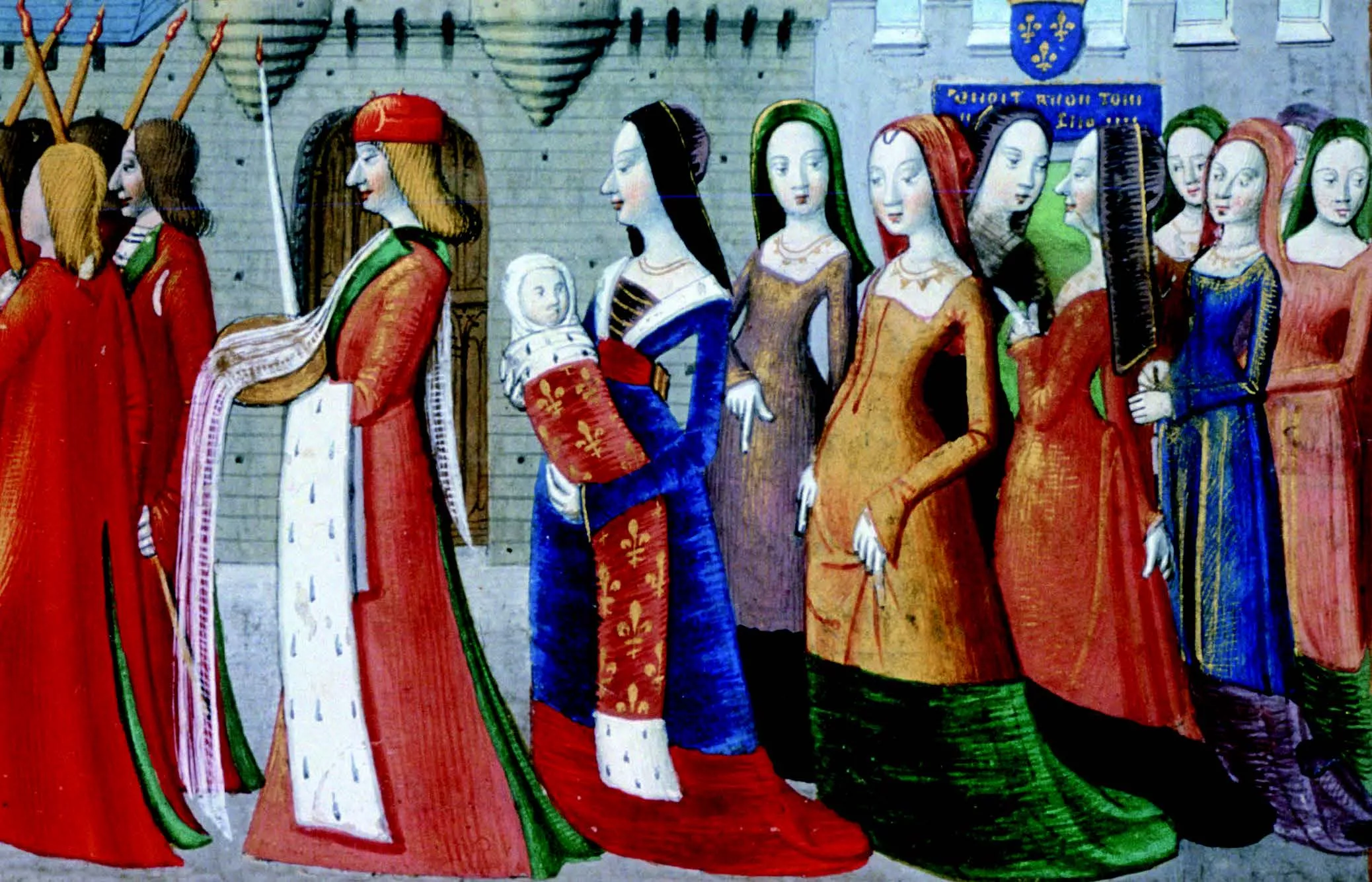 A mitjan segle XIV els vestits femenins es van dissenyar més ajustats, com els que van lluir aquestes dames a la presentació del delfí Carles de França, l’any 1403