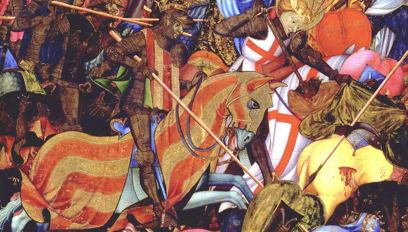 Retaule de Sant Jordi que retrata la batalla del Puig. Les armadures i els escuts alternen la creu amb la senyera