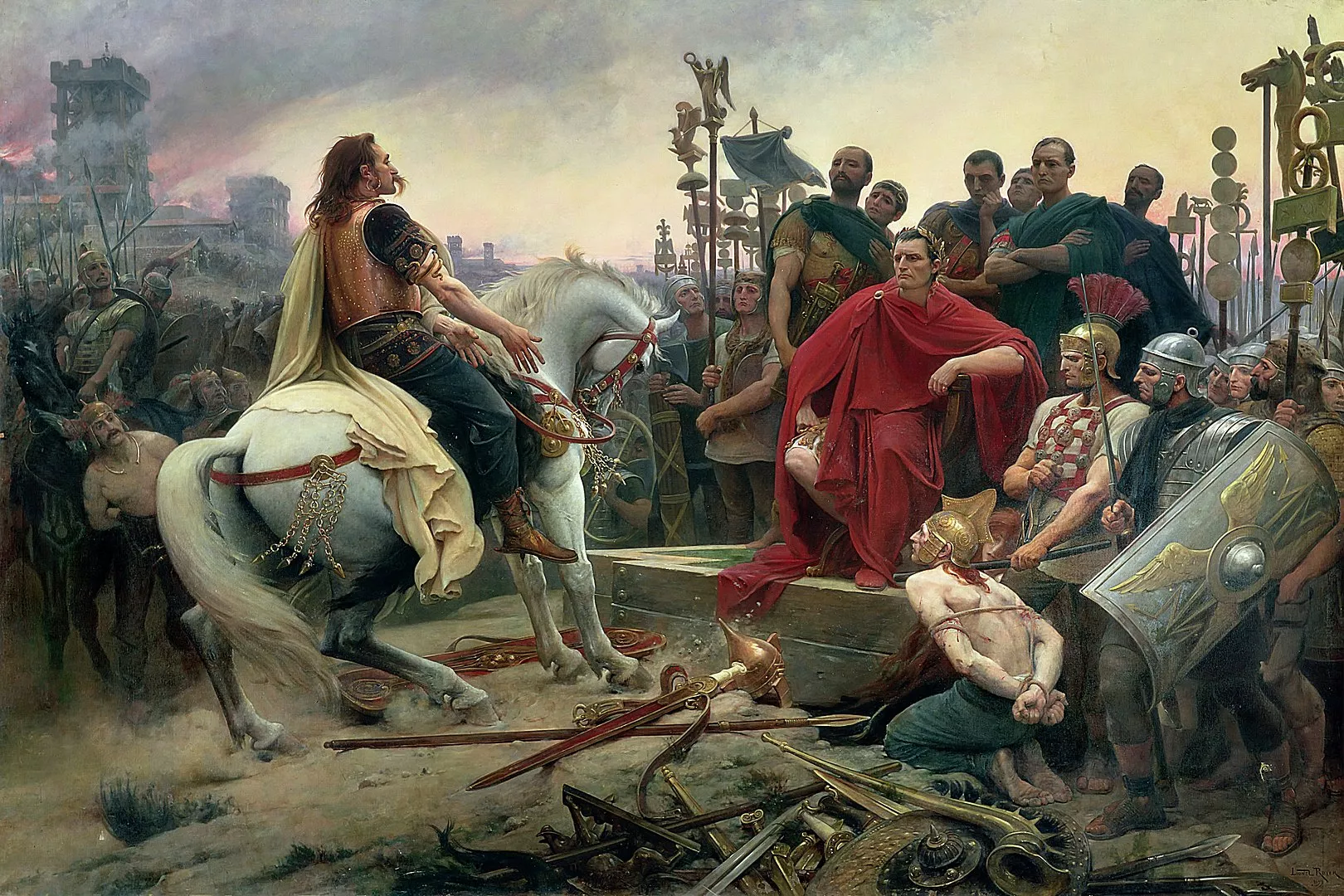 L’única tribu celta que resistí l’embat romà fou la liderada per Vercingetòrix, però, al final, el líder gal va haver de rendir-se davant Juli Cèsar, escena que recull aquest quadre del 1855