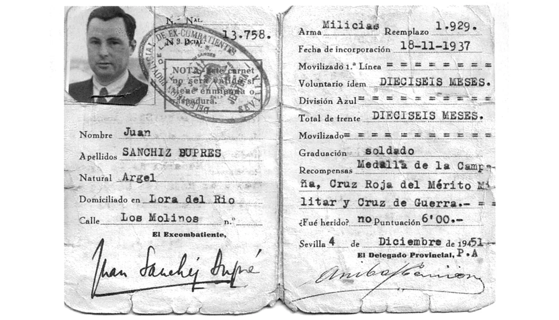 Document fals d'excombatent de Degrelle, amb la identitat de Juan Sanchiz