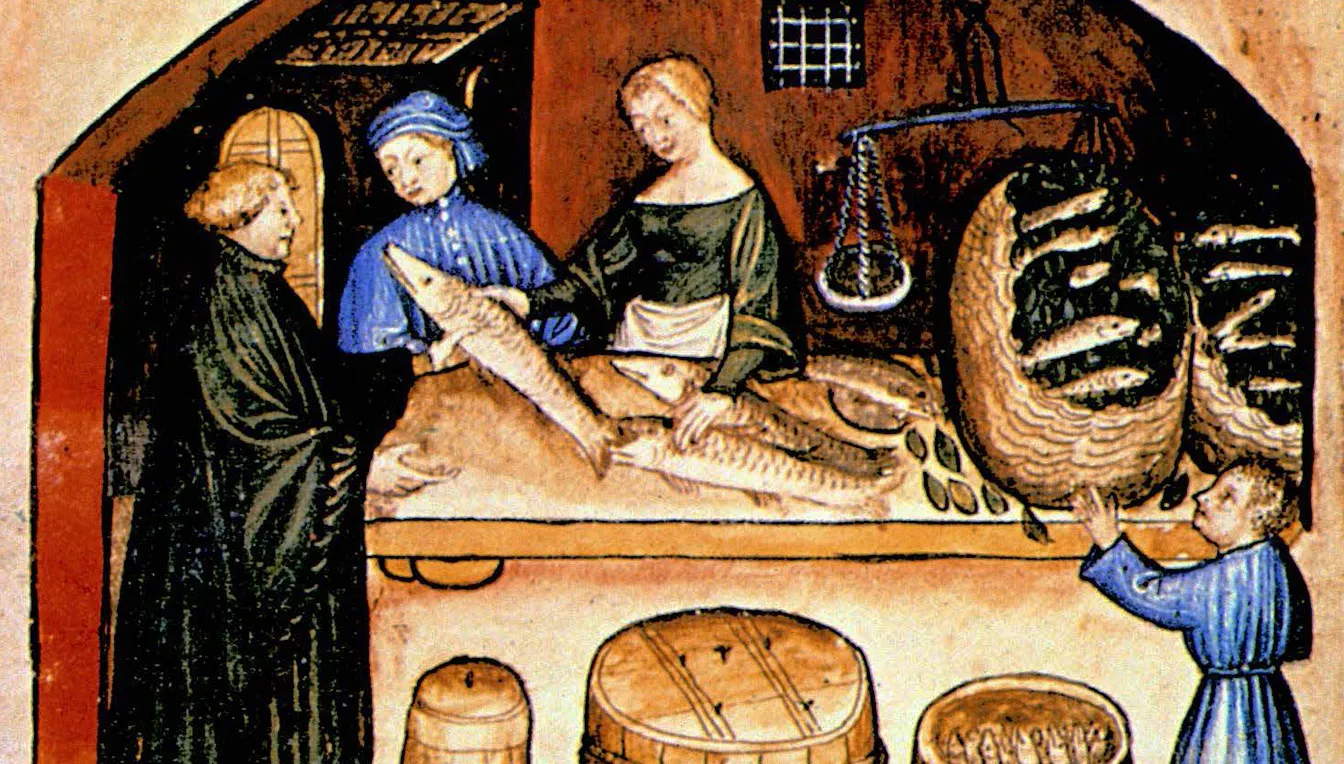 Les parades dels mercats del segle XIV ja s’agrupaven per productes. A les peixateries s’hi venia peix fresc, en cistells, i peix sec i salat, en barrils
