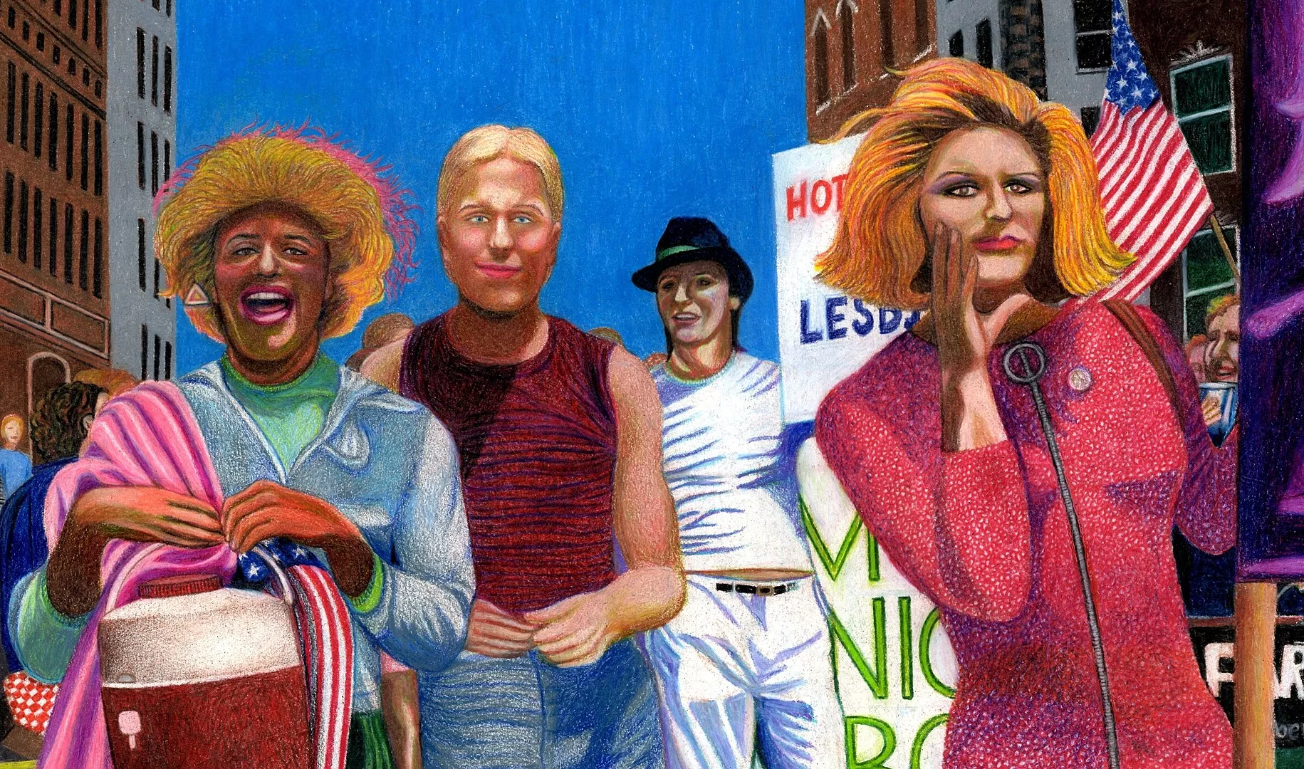 Quadre de Gary LeGault en què es veuen Marsha P. Johnson, Joseph Ratanski i Sylvia Rivera en la Gay Pride Parade de Nova York del 1973